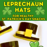 Healthy St Patricks Day Snacks For Kids text over leprechaun hats made from vegetables on a plate