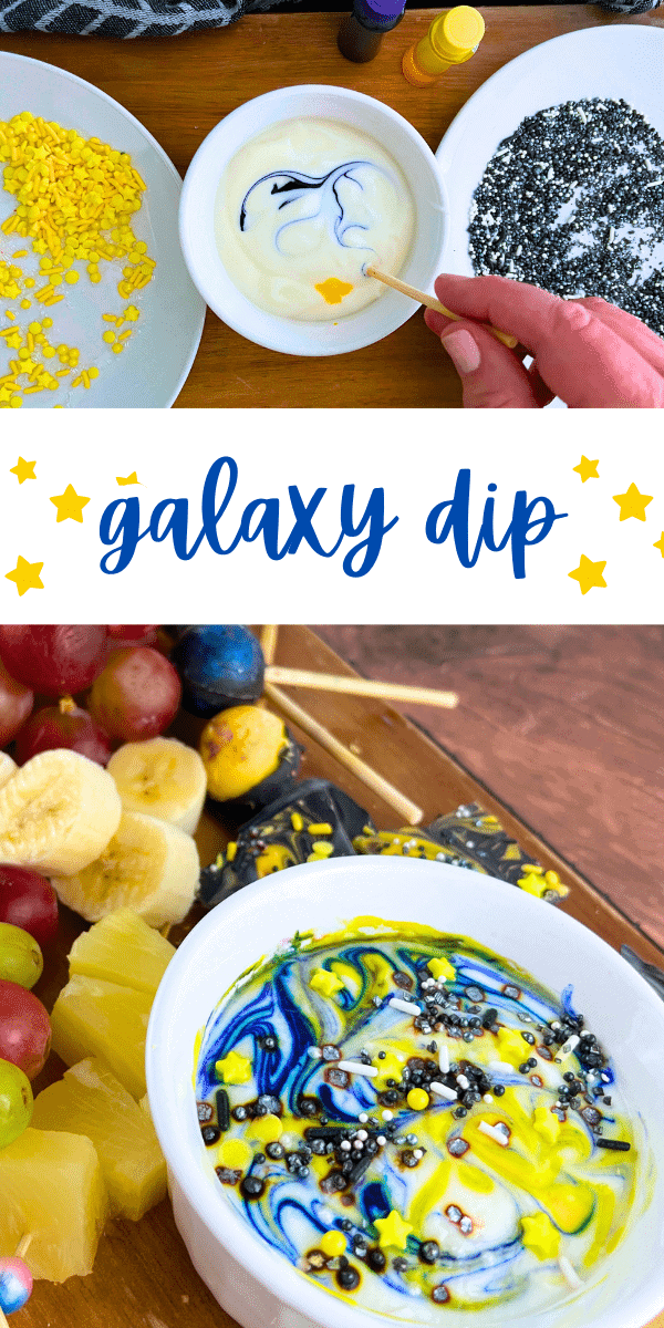 How To Make Galaxy Fruit Dip For Kids text over images of galaxy fruit dip on a fruit tray