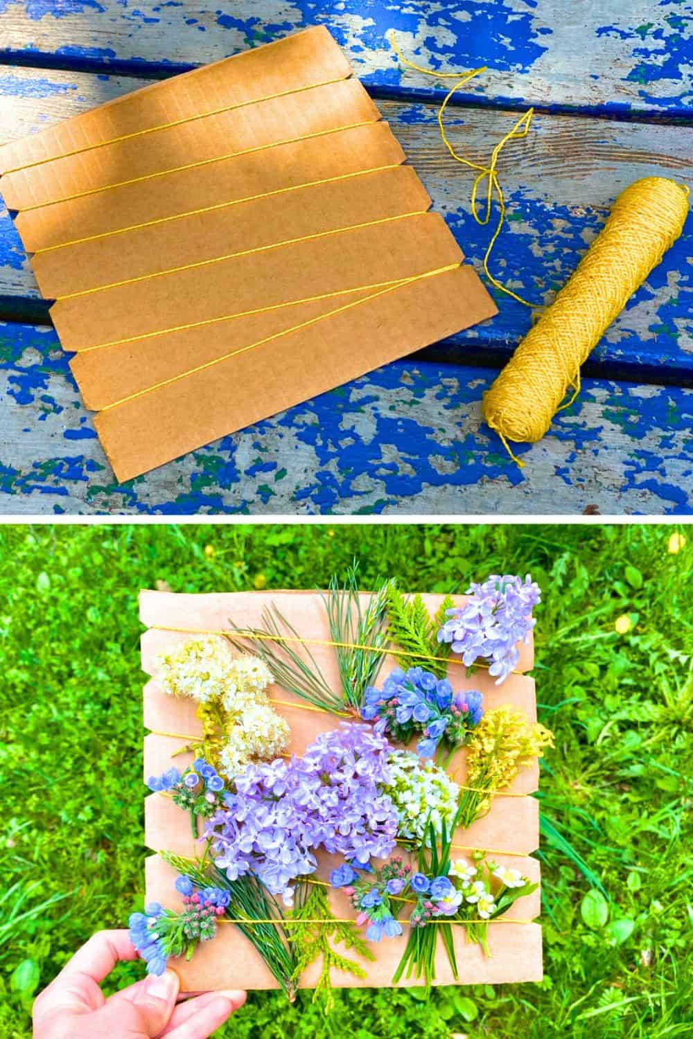 Nature Walk Craft Keeper Card For Flower Bouquets (Summer Kids Activities) - cardboard with yard on it with fresh flowers tucked into the yarn