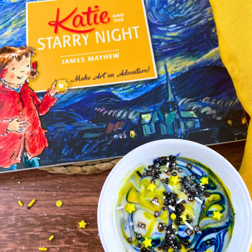 Recipe and Read Kids Activities Starry Night Painting Art Project For Kids fruit dip in bowl and children's book on table