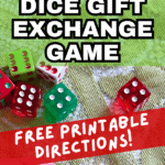 Christmas Gift Exchange Game With Dice - text over a hand rolling christmas dice game on a festive holiday green table