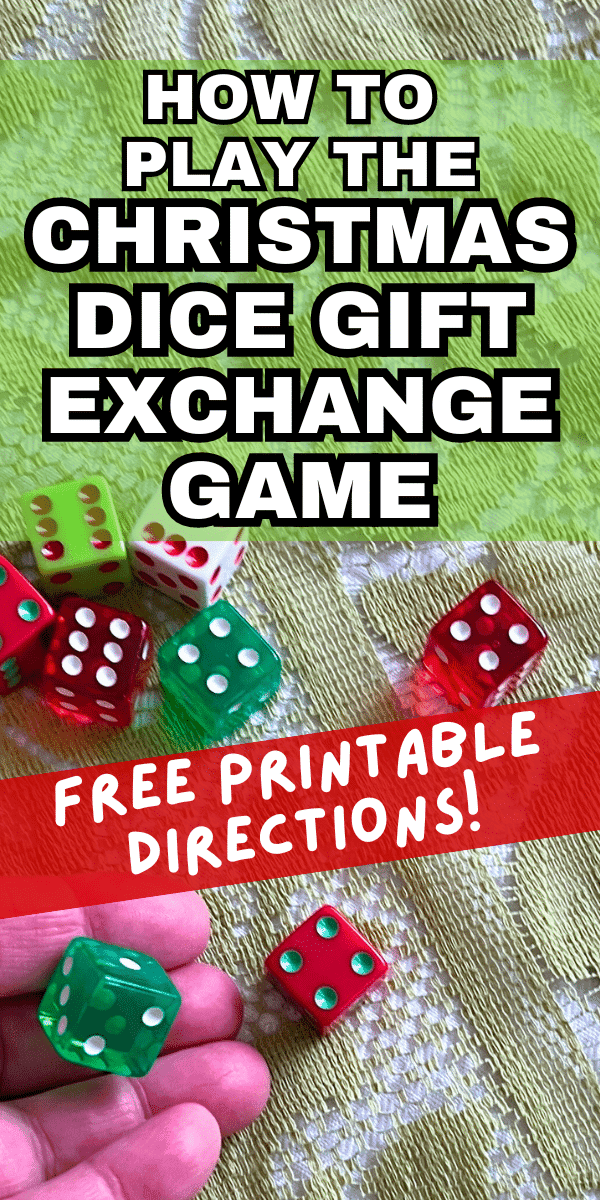 Christmas Gift Exchange Game With Dice - text over a hand rolling christmas dice game on a festive holiday green table