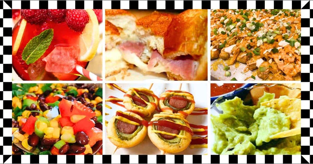 Indy 500 Party Foods - different pictures of party recipes for Indianapolis 500 party with a black and white race flag frame around them