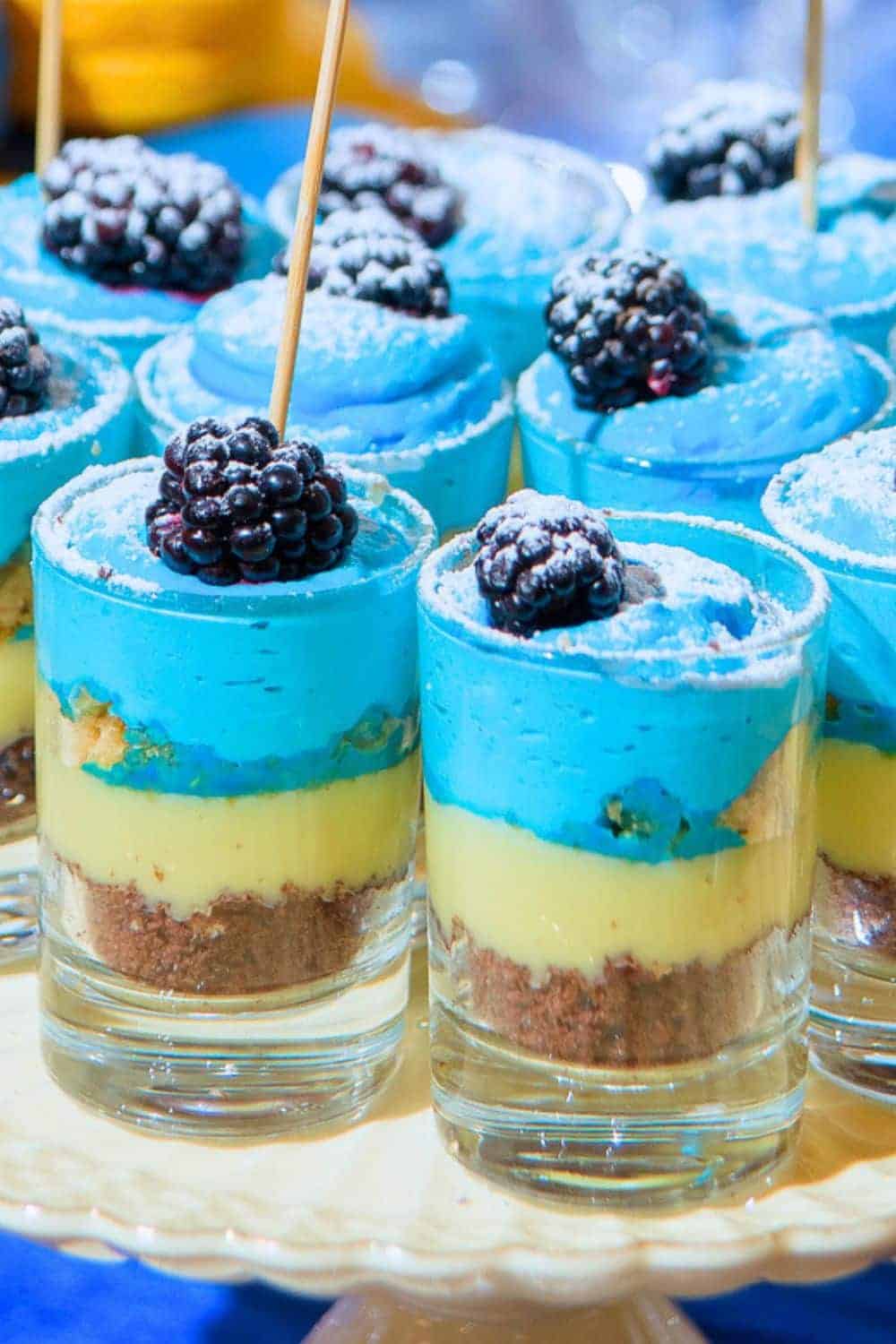 Layered Beach Jello Cups Party Snacks on a party platter dessert table