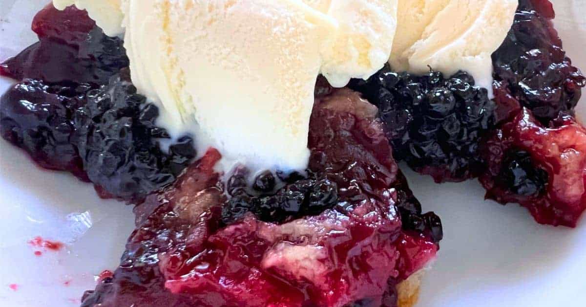 Homemade Blackberry Cobbler Recipe in a white bowl with vanilla ice cream on top