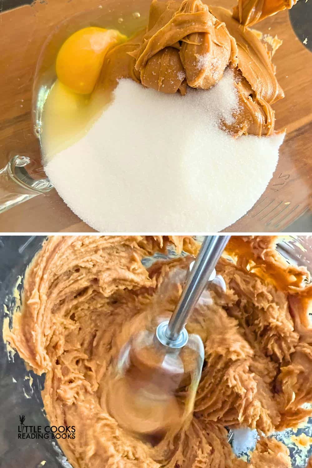 Ingredients In Three Ingredient Peanut Butter Cookies in a bowl and also a picture of peanut butter cookie recipe ingredients being mixed with a mixer