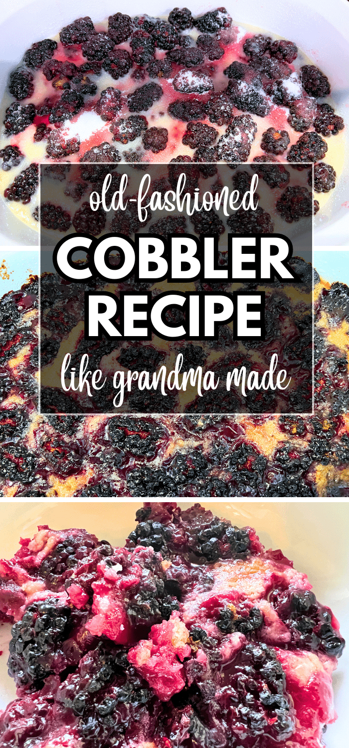 Old Fashioned Desserts Southern Blackberry Cobbler Recipe - text over step by step pictures of how to make blackberry cobbler recipe