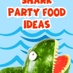 SHARK PARTY FOOD IDEAS - text over a watermelon cut to look like a shark with open mouth
