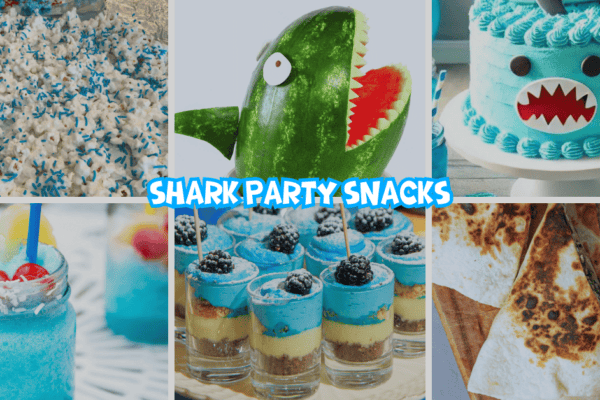 Simple Shark Party Snacks For Kids - different pictures of shark party foods with text over it