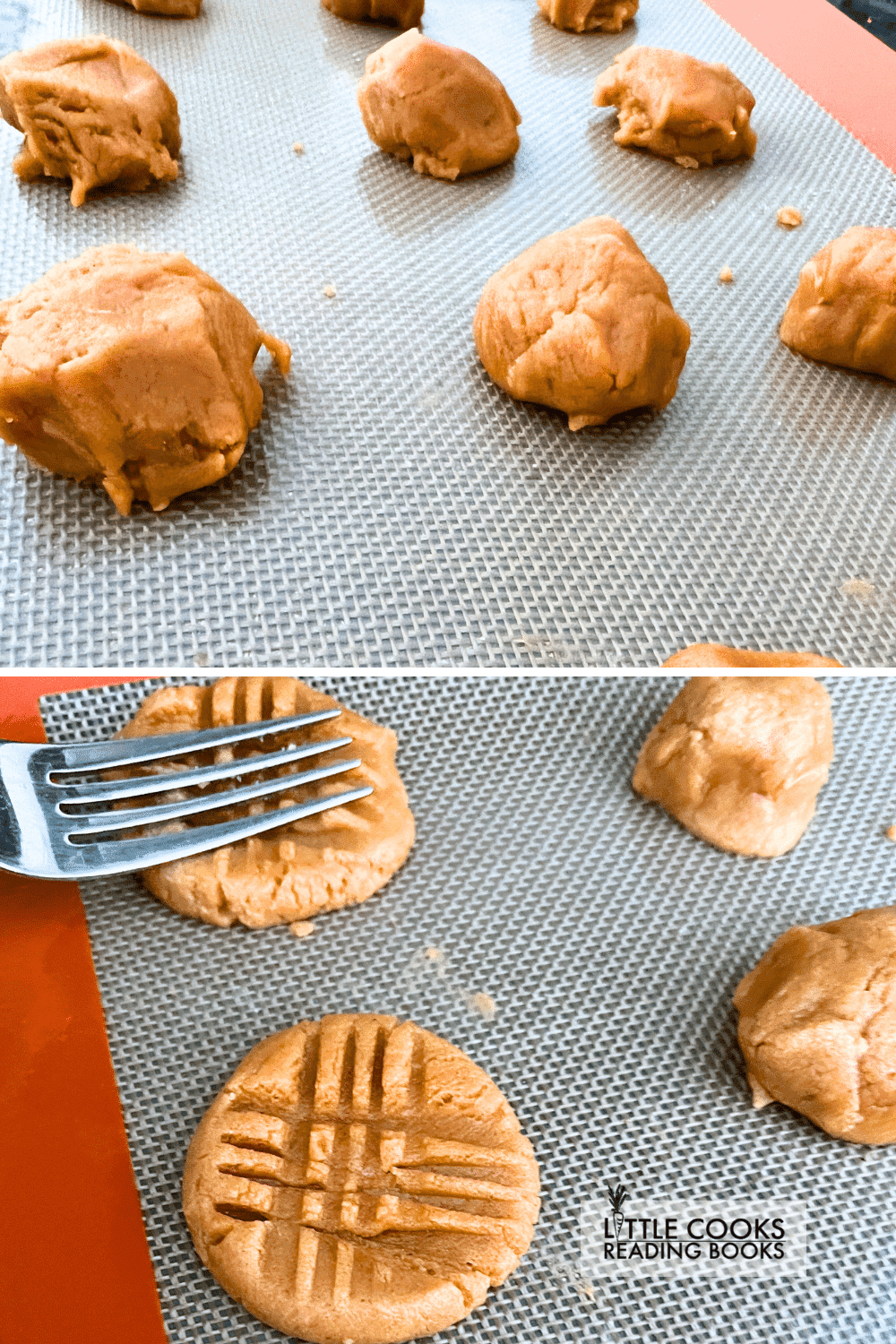 Tips for baking three ingredient peanut butter cookies - peanut butter cookie balls on a silicone baking mat and another picture of peanut butter cookies with a fork making a criss cross pattern on top of a cookie