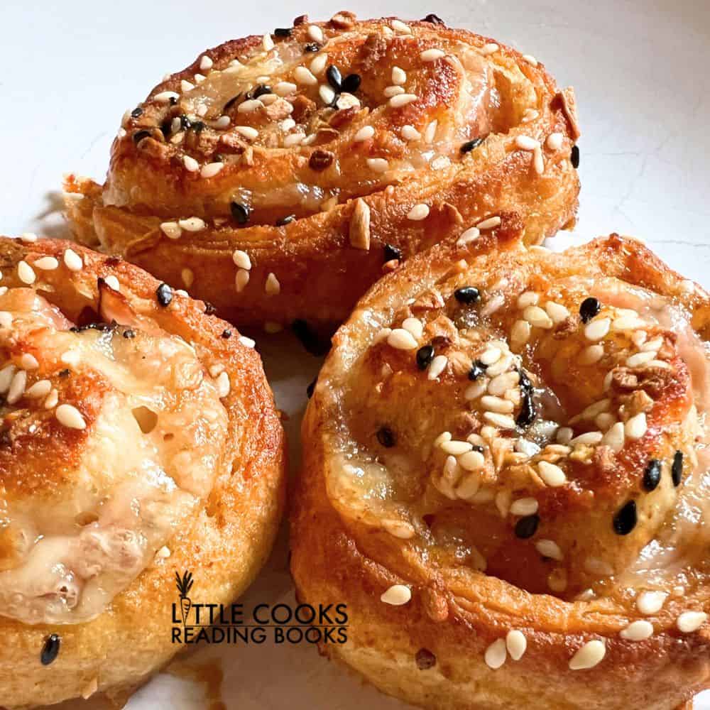 Air Fried Ham and Cheese Roll Ups Pinwheels Recipe on a white plate