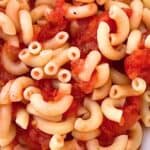 Grandmas Old Fashioned Macaroni and Stewed Tomatoes Recipe in a white bowl