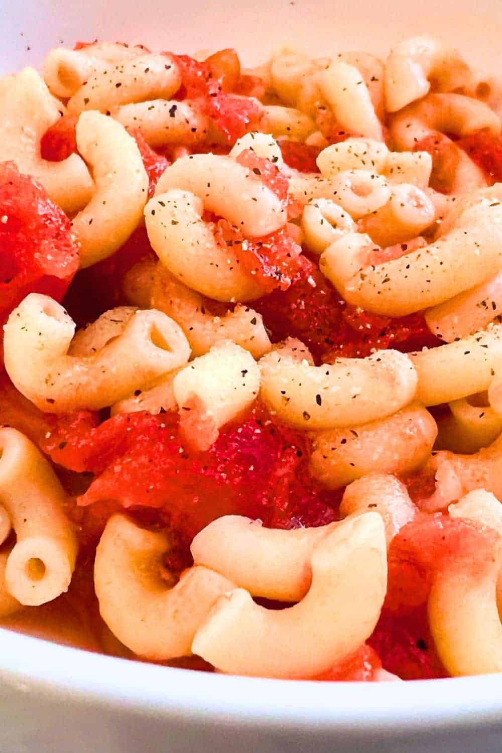 Vintage Stewed Tomatoes and Macaroni Recipe in a white bowl