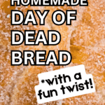 Homemade Mexican Day Of The Dead Bread Recipe - text over a loaf of Pan De Muerto from scratch