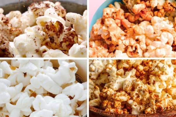 Homemade Popcorn Seasoning Recipes - different DIY popcorn toppings on fresh popped popcorn