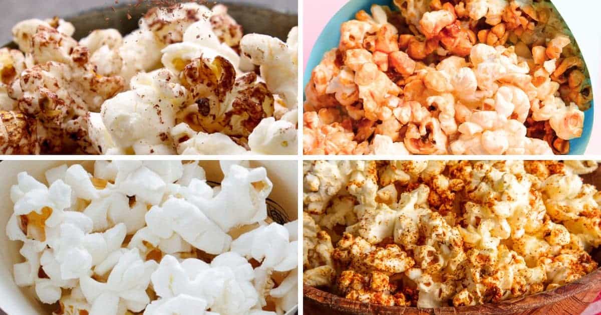 Homemade Popcorn Seasoning Recipes - different DIY popcorn toppings on fresh popped popcorn