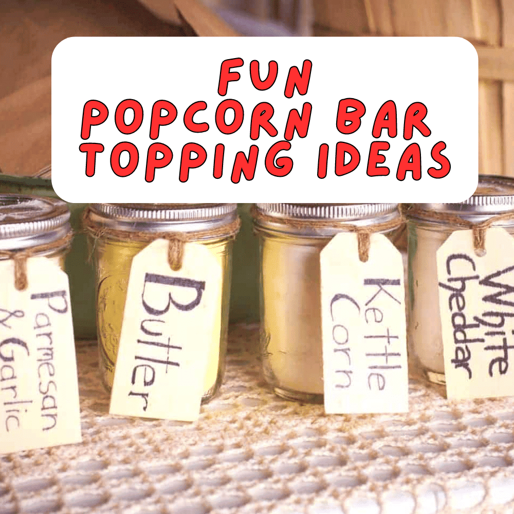 Seasonings For Popcorn Recipes - text over images of popcorn seasonings toppings in shaker jars for a popcorn bar