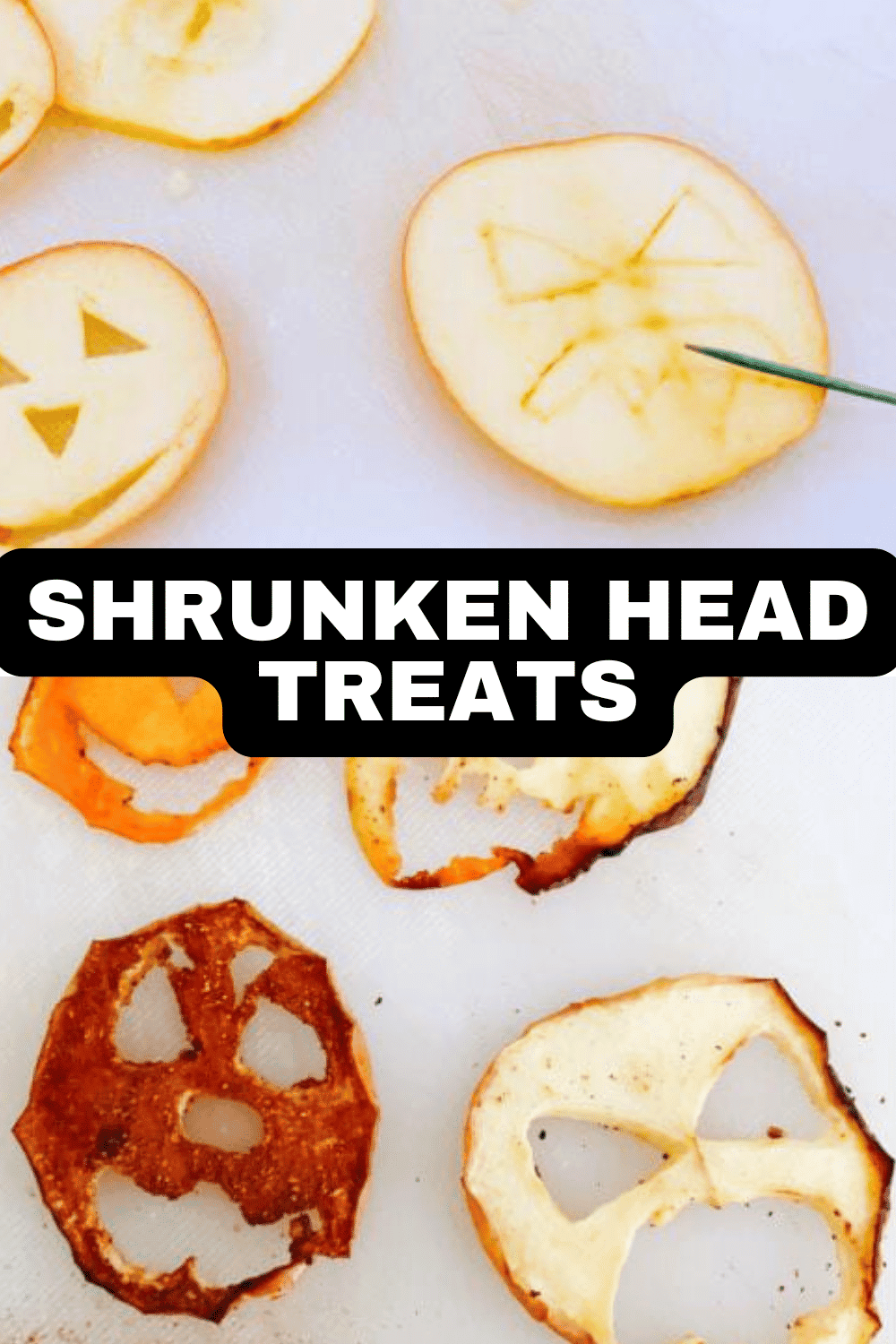 BeetleJuice Movie Snacks And Party Treats For Kids - text over shrunken head faces made from air fried apples slices