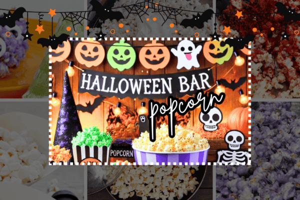 DIY Halloween Popcorn Bar Party Ideas - Popcorn party recipes with a picture of a popcorn party table on top