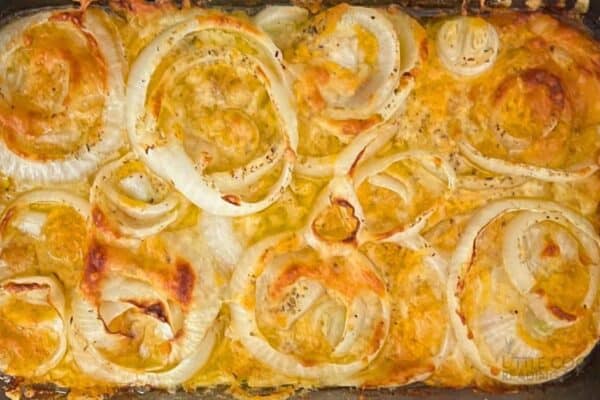 Traditional Tennessee Onions Southern Recipe picture in a casserole dish from top down