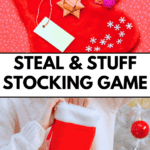 CHRISTMAS STOCKING GAME ON A HOLIDAY TABLE WITH STOCKING STUFFERS FOR WHITE ELEPHANT GIFT EXCHANGE GAME IDEAS FOR TEENS, KIDS CHRISTMAS PARTY OR ADULT HOLIDAY PARTY GAMES