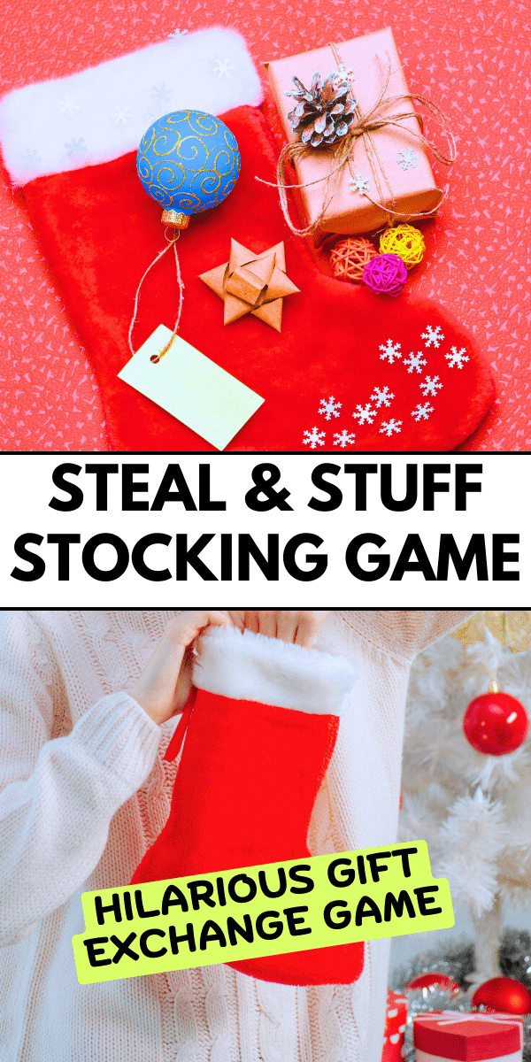 CHRISTMAS STOCKING GAME ON A HOLIDAY TABLE WITH STOCKING STUFFERS FOR WHITE ELEPHANT GIFT EXCHANGE GAME IDEAS FOR TEENS, KIDS CHRISTMAS PARTY OR ADULT HOLIDAY PARTY GAMES