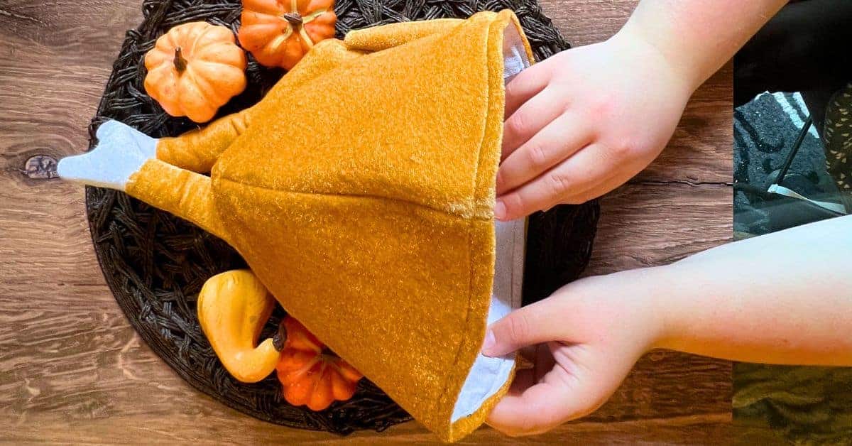 Stuffed Turkey Game - Thanksgiving games for family fun - child's hand reaching into a turkey hat turkey game on thanksgiving table decor