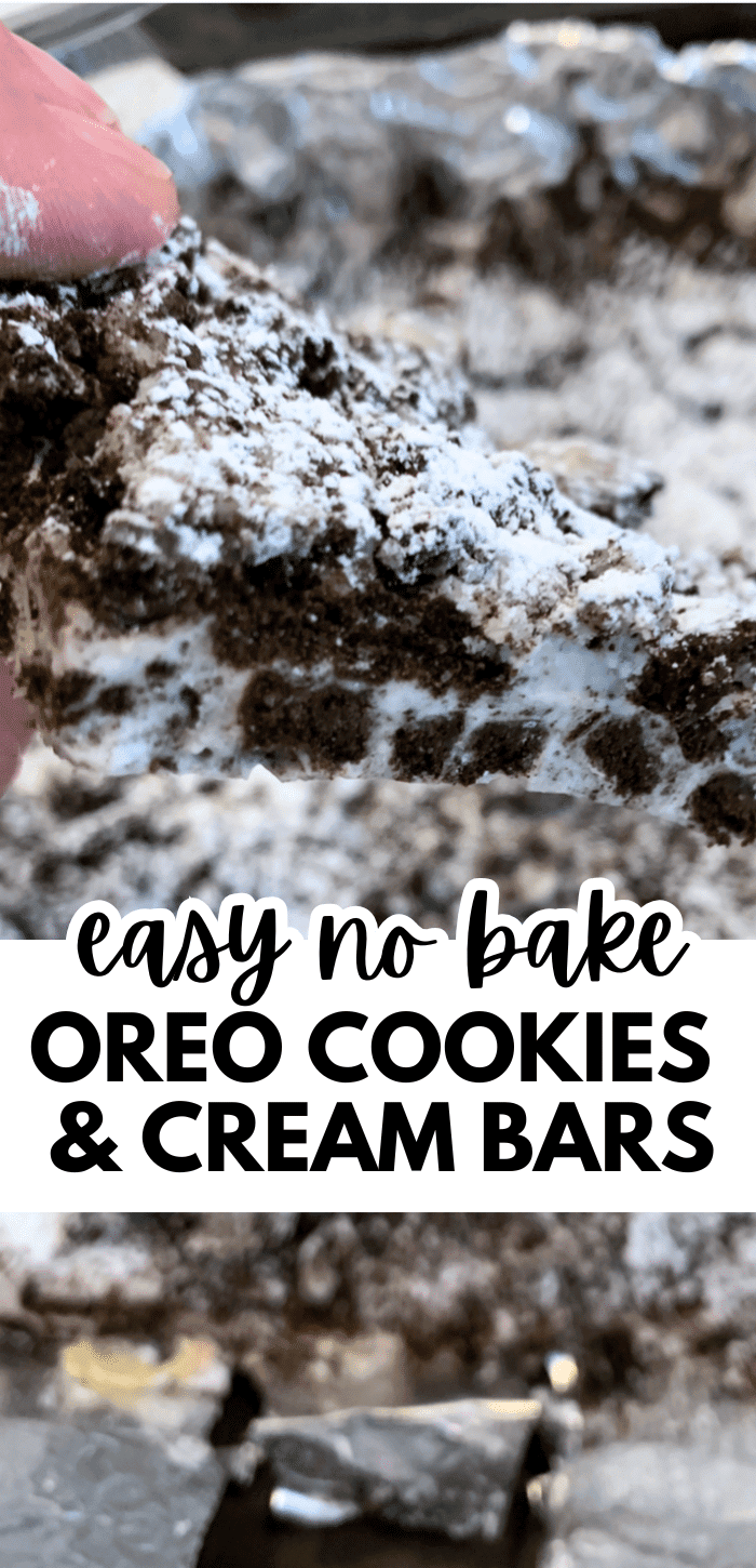 Hand holding Oreo Cookie Bars No Bake Desserts with text overlay Cookie Oreo Brownie Recipe, Easy Oreo Cookie Dessert No Bake, Oreo Dessert Bars, What To Make With Stale Oreos, Oreo Bars No Bake Recipe