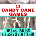 different images of hilarious candy cane games for kids to play, teen Christmas party games or group holiday games for adults with text overlay 11 candy cane games fun for all ages (even teen games)