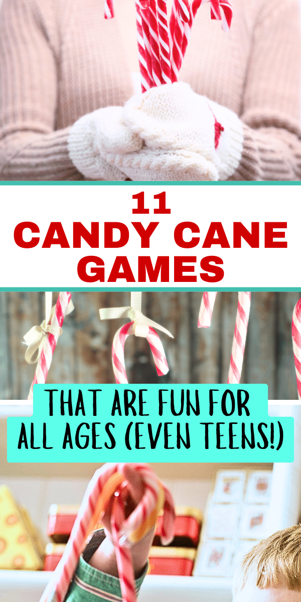 different images of hilarious candy cane games for kids to play, teen Christmas party games or group holiday games for adults with text overlay 11 candy cane games fun for all ages (even teen games)