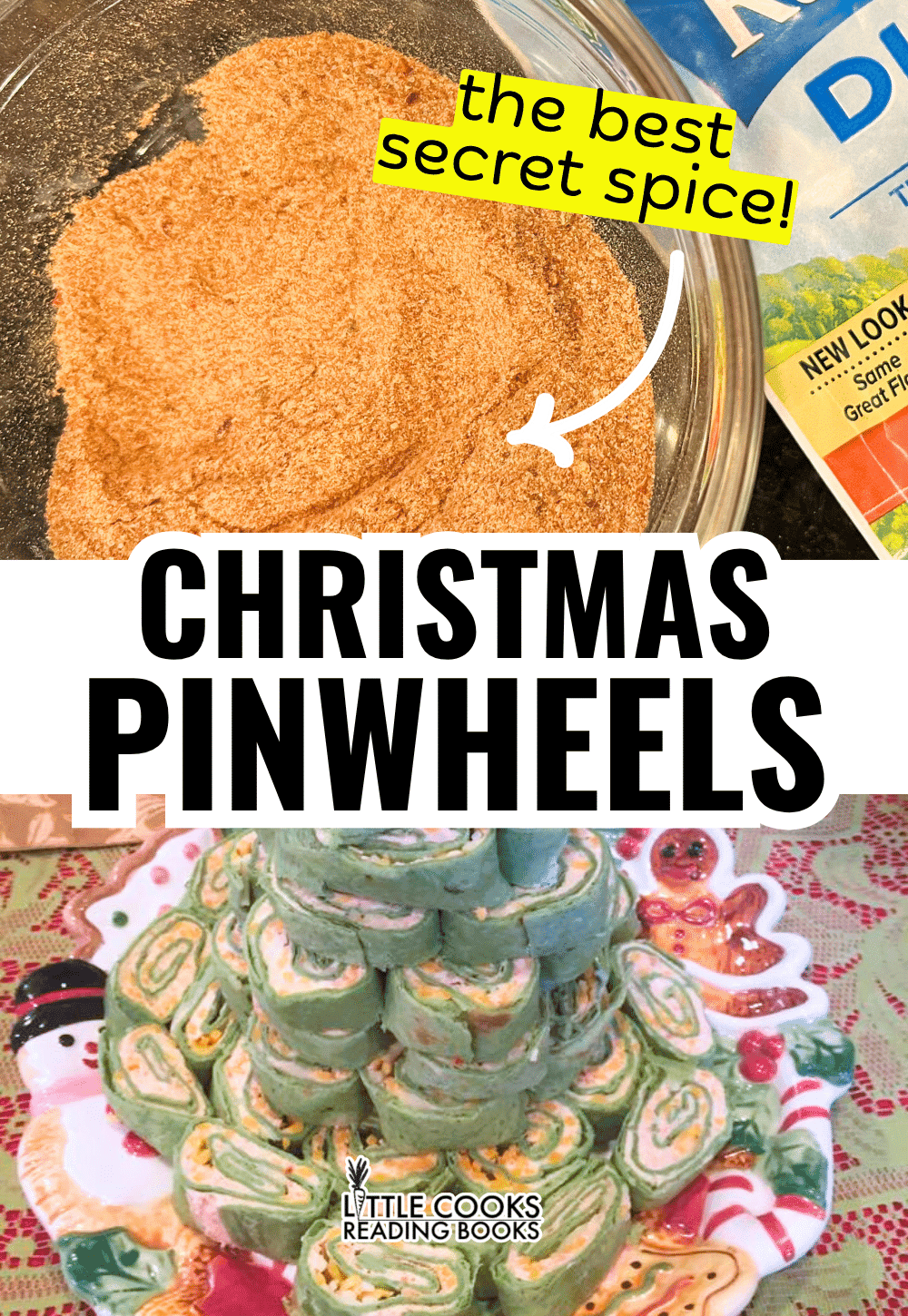 ingredients for Christmas tree pinwheel rollups and finished green pinwheels on a Christmas table at a Christmas party