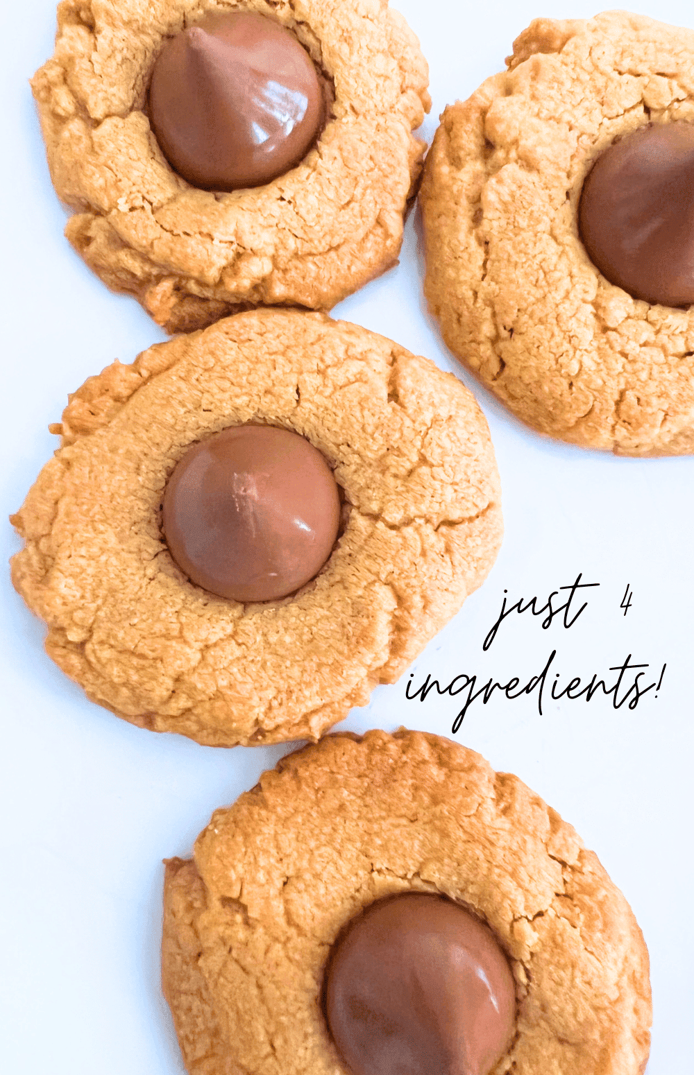 Desserts When You Have No Ingredients - few ingredient recipes. 4 ingredient cookies (Hersheys peanut butter blossom cookies on a white plate) for easy desserts