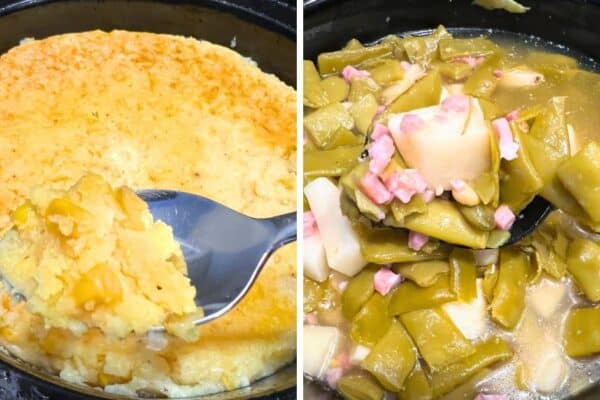 Easy Thanksgiving Crock Pot Recipes For Simple Slow Cooker Sides - slow cooker corn pudding (corn casserole) and slow cooker green beans and potatoes with ham in crockpot