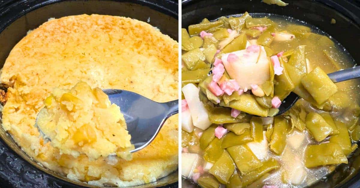 Easy Thanksgiving Crock Pot Recipes For Simple Slow Cooker Sides - slow cooker corn pudding (corn casserole) and slow cooker green beans and potatoes with ham in crockpot