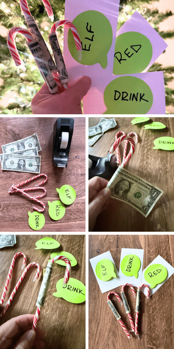 $1 Dollar Candy Cane Christmas Game Instructions Step By Step Pictures of How To Play The Peppermint Payout Candy Cane Game for Christmas Party Ideas for teens, kids games and adult christmas games - Easiest $1 Party Game for Christmas Party Candy Cane Games or Candy Cane Olympics