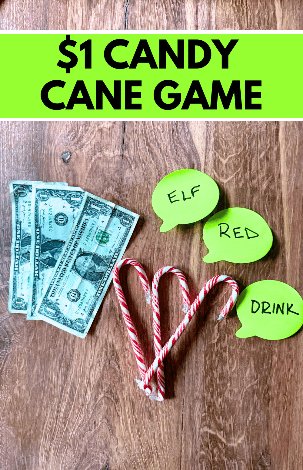 Candy cane game supplies for fun $1 party game everyone loves for Christmas party games - table with candy canes, dollar bills and christmas words with text $1 candy cane game for peppermint payout candy cane game swap exchange