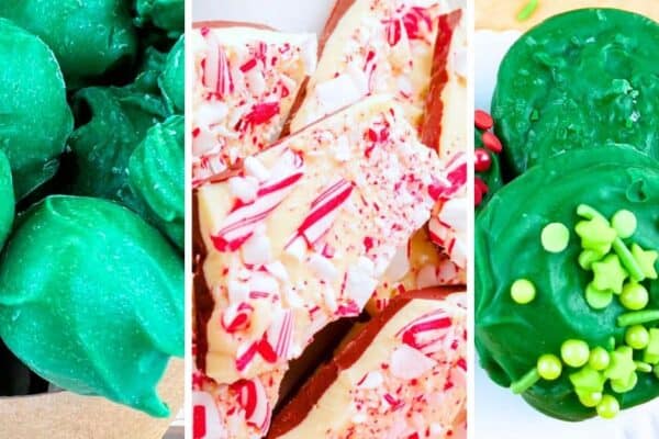 pictures of best Christmas candy recipes - peppermint bark, holiday candy bites and dipped cookies candy for Holiday Desserts To Gift, Baked Goods Gifts For Christmas, Christmas Goodie Tray Ideas, Quick and Easy Homemade Baked Goods Christmas Gifts