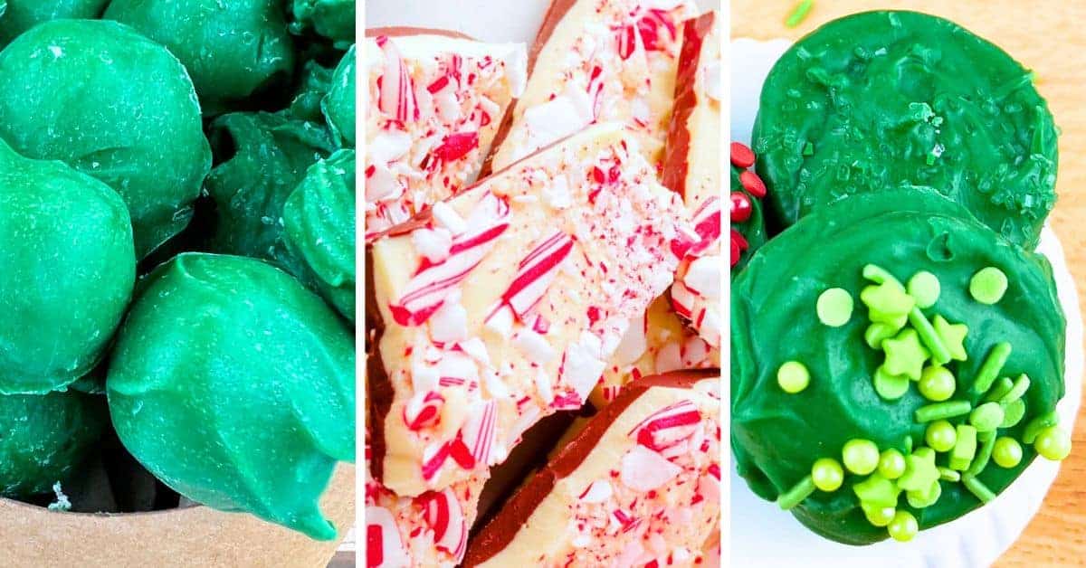 pictures of best Christmas candy recipes - peppermint bark, holiday candy bites and dipped cookies candy for Holiday Desserts To Gift, Baked Goods Gifts For Christmas, Christmas Goodie Tray Ideas, Quick and Easy Homemade Baked Goods Christmas Gifts