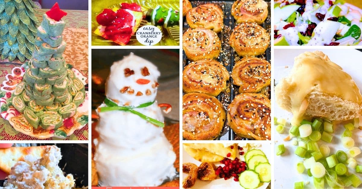 Easy Christmas Appetizer Recipes - pictures of different christmas appetizers like make - ahead christmas appetizers, appetizer cranberry bites, christmas rollups pinwheels tree, raclette cheese platter, snowman cheese ball, festive christmas salad, hot cheese dip and holiday finger foods