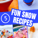 Easy Snow Ice Cream Snow Taffy Recipe and More Winter Fun Kids Activities - collage of winter snowcream recipe, chocolate snow ice cream, homemade snow cones made with snow, copycat Wendy's Frosty recipe with snow and snow taffy snow suckers recipe