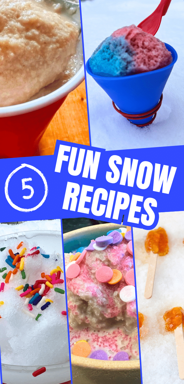 Easy Snow Ice Cream Snow Taffy Recipe and More Winter Fun Kids Activities - collage of winter snowcream recipe, chocolate snow ice cream, homemade snow cones made with snow, copycat Wendy's Frosty recipe with snow and snow taffy snow suckers recipe