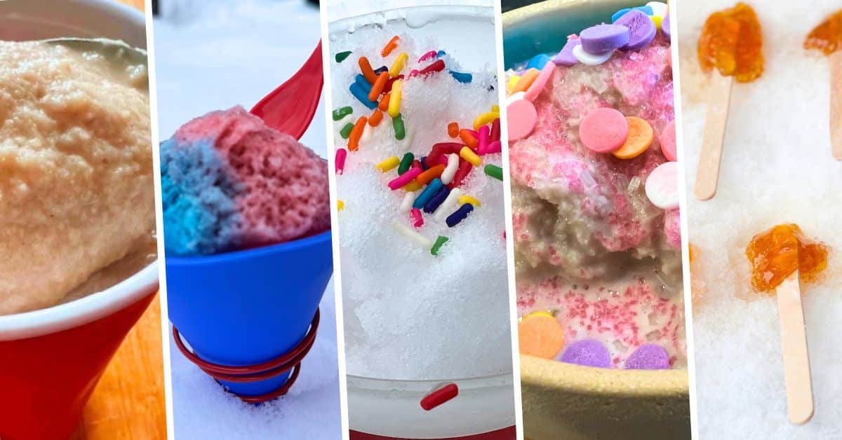 collage of different winter snow recipes with real snow - from snowcream, chocolate snow ice cream, snow cones made with snow, copycat chocolate wendys frosty with snow and maple syrup snow taffy suckers