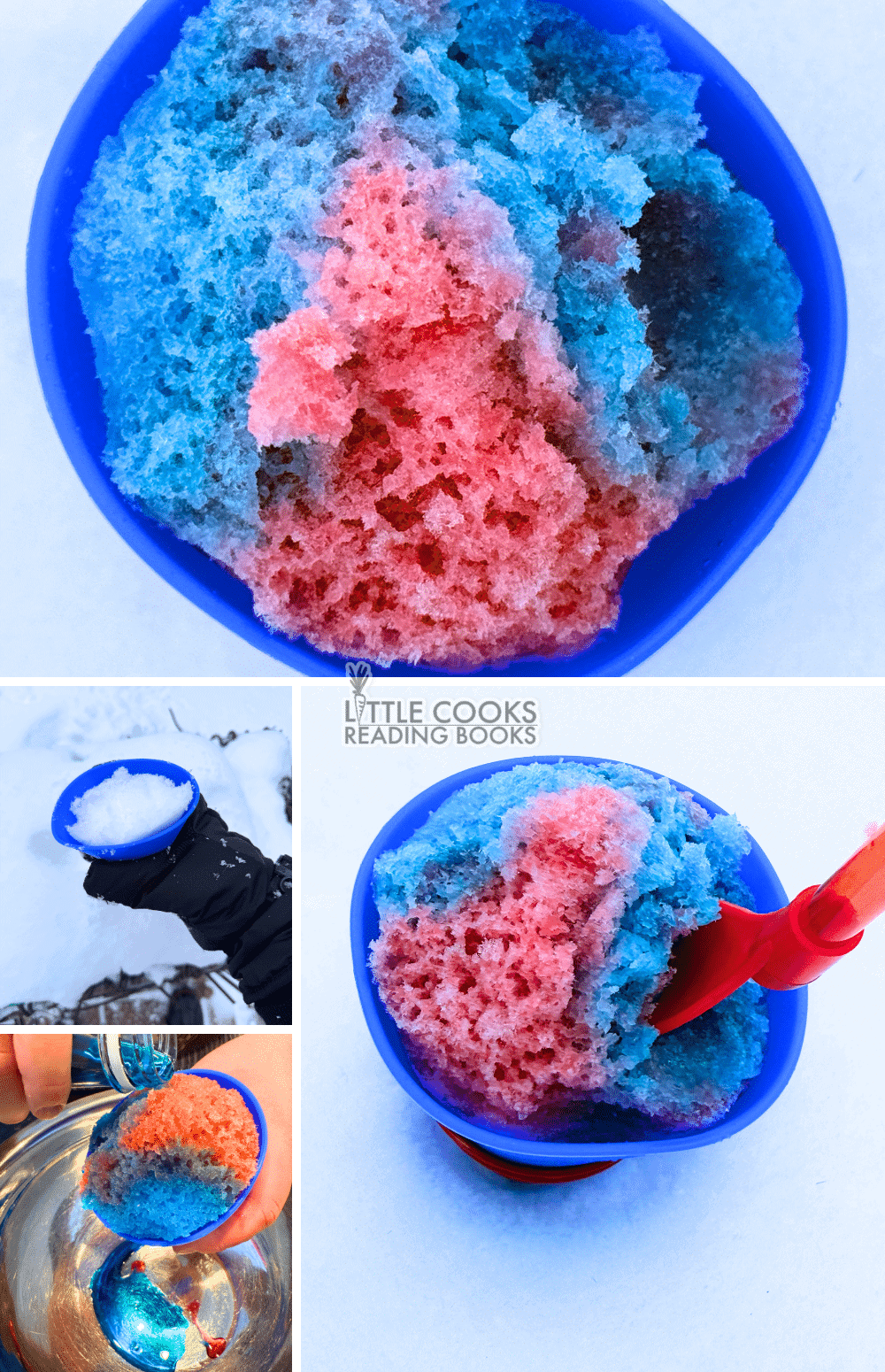 Snow Sno Cones And Homemade Snow Cone Syrups - how to make snow cones with snow and homemade shaved ice syrup recipe - collage of pictures homemade snowcones made from winter snow like snow ice cream recipes - fun kids activities for winter snow play