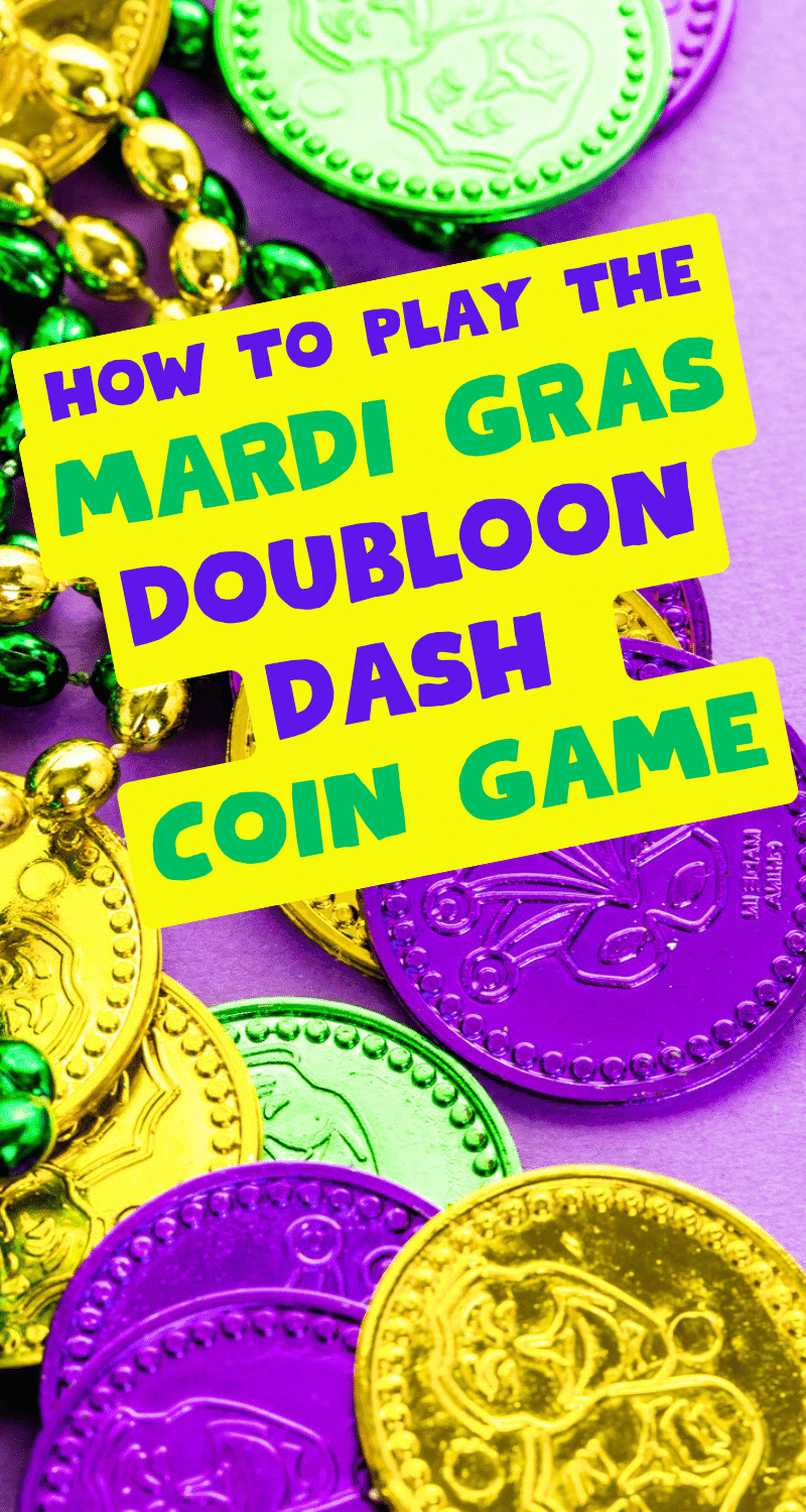 Doubloon Dash Mardi Gras Game Coin Games for Fat Tuesday Activities for Kids - colorful Mardi Gras coins for family-friendly Mardi Gras games, and Mardi Gras Ideas For Kids, Teen Games or Adult Party Games, New Orleans Themes 