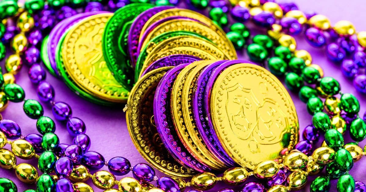 Doubloon Dash Mardi Gras Game for Fat Tuesday Activities for Kids - colorful Mardi Gras coins and Mardi Gras beads for family-friendly Mardi Gras games, and Mardi Gras Ideas For Kids, Teen Games or Adult Party Games