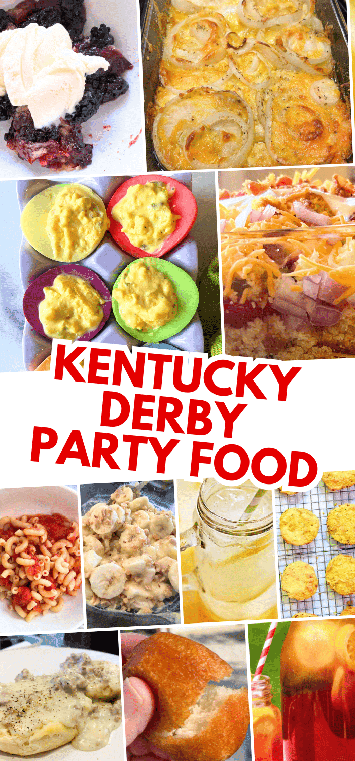 Kentucky Derby Party Recipes and Southern Recipes for Derby Day collage of pictures with text best Kentucky derby party food ideas, appetizers, party drinks and finger foods for horse racing party or Preakness party