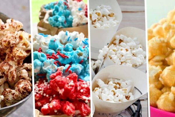 collage of flavored popcorn, candy popcorn and popcorn seasonings for DIY popcorn bar party ideas