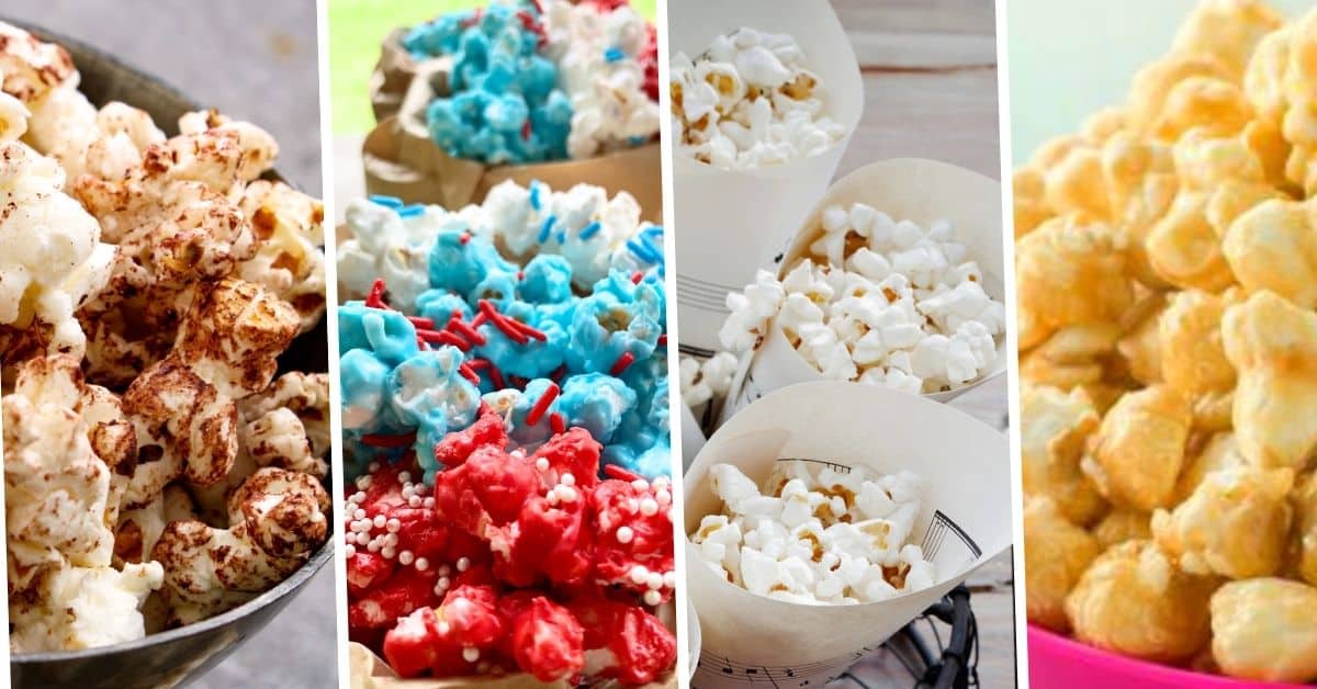 collage of flavored popcorn, candy popcorn and popcorn seasonings for DIY popcorn bar party ideas