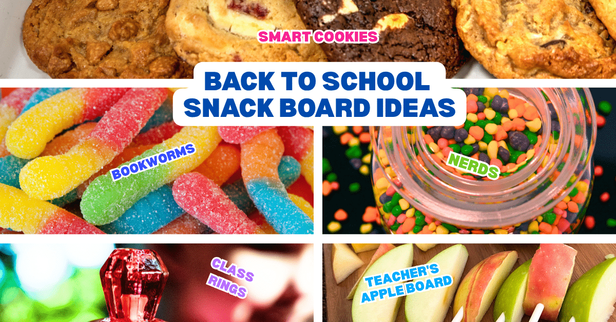 different Fun Back To School Snack Board Ideas Or Classroom Party Snacks like smart cookies, bookworms gummy worms, nerds candy, class rings candy and teachers apple board