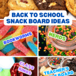 different Fun Back To School Snack Board Ideas Or Classroom Party Snacks like smart cookies, bookworms gummy worms, nerds candy, class rings candy and teachers apple board